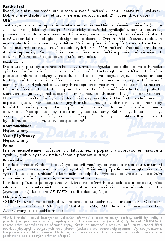 Teploměr ušní OMRON GentleTemp 520 s pamětí
