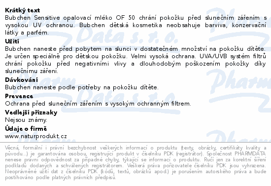 Bübchen Sensitive opalovací mléko OF 50+ 100ml
