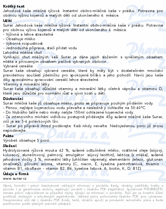 Sunar mléčná kaše jahodová 225g