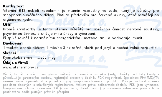 VitaHarmony Vitamin B12 tbl.120 okamžitý účinek