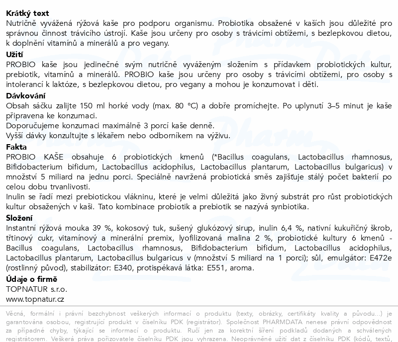 Topnatur Probio rýžová kaše malina 60g