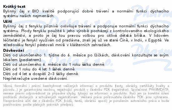 LEROS Dětský čaj Fenykl 1t BIO 20x1.5g