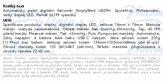 SimplyMed Automatický pažní digitál.tlakoměr U82V