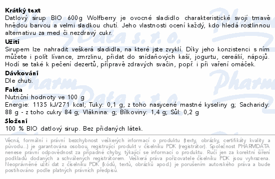 Datlový sirup BIO 600g Wolfberry