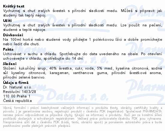 Dr.Natural ŠVESTKA+Med natural 1000g
