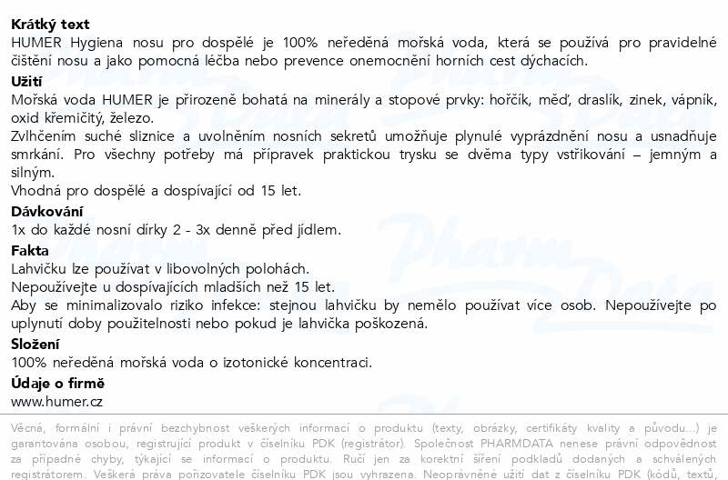 HUMER Hygiena nosu 100% mořská voda pro dosp.150ml
