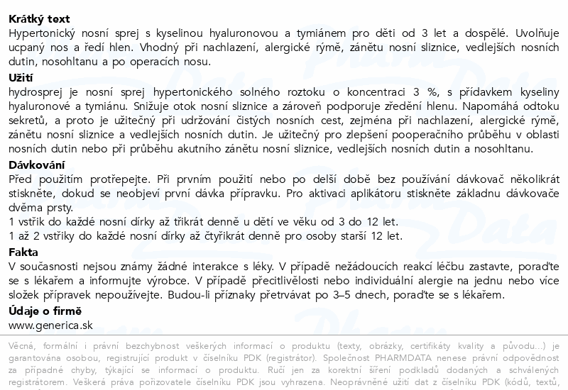 hydrosprej hypertonický nosní sprej 15ml Generica