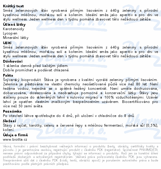 Biotta Zeleninový koktejl BIO 500ml