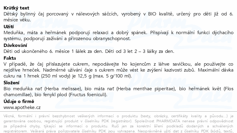 Apotheke Dětský čaj uklidňující BIO 6m+ 20x1.5g