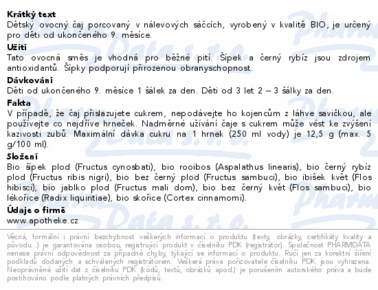 Apotheke Dětský ovocný čaj běžné pití BIO 20x2g